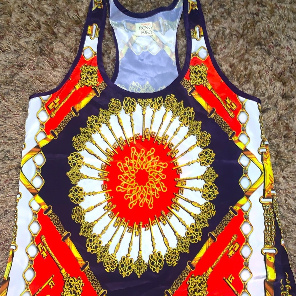 New Torn by Ronny Kobo racer back tank top gold key spiral design